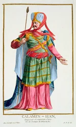 Calamin-Han, Imperador e Soberano da Ásia, de &39;Recueil des Estampes, representando as cordilheiras e dignitas, seguindo o traje de todas as nações existentes&39;, publicado em 1780 (alimentado à mão)